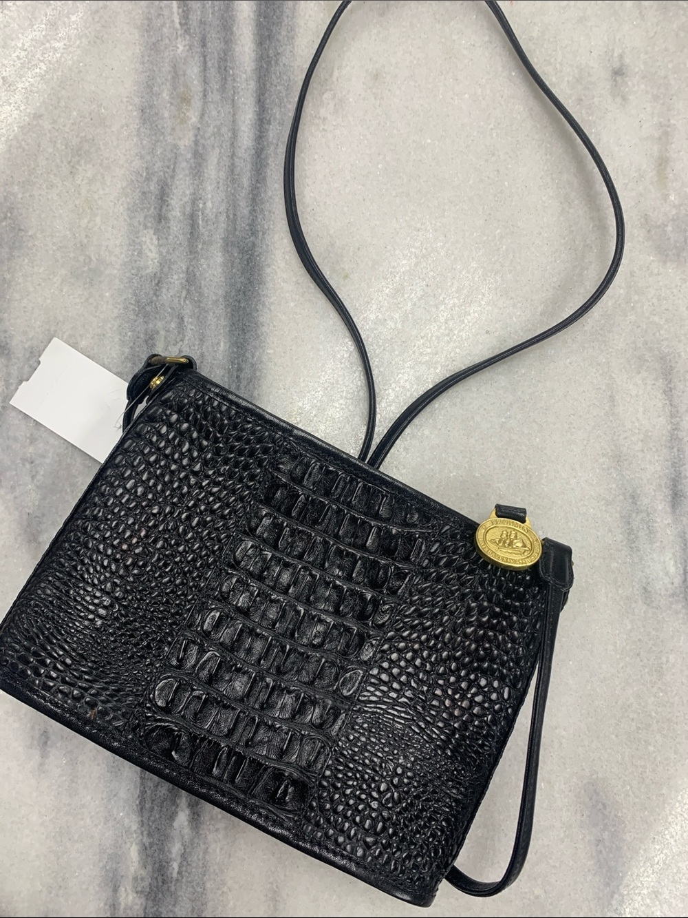 Brahmin Black Croc-Embossed Crossbody with Gold Medallion